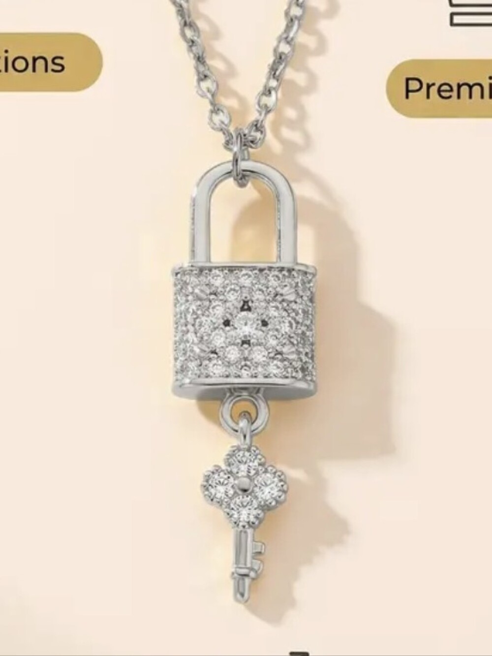 18K Gold Plated Silver Clover Diamond Lock & Key Luxury Inspired Design Necklace
